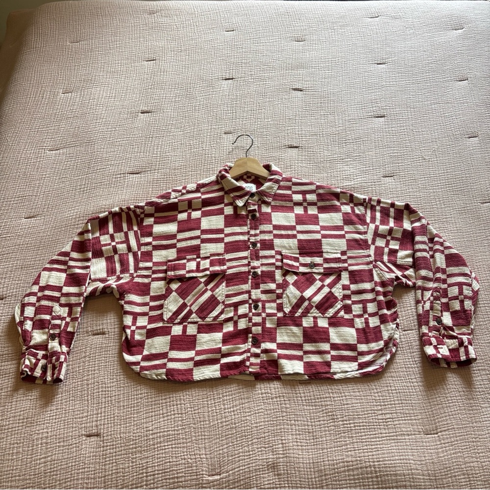 Urban Outfitters BDG Caleb Crop Flannel Shirt Womens S Red White Cotton Relaxed